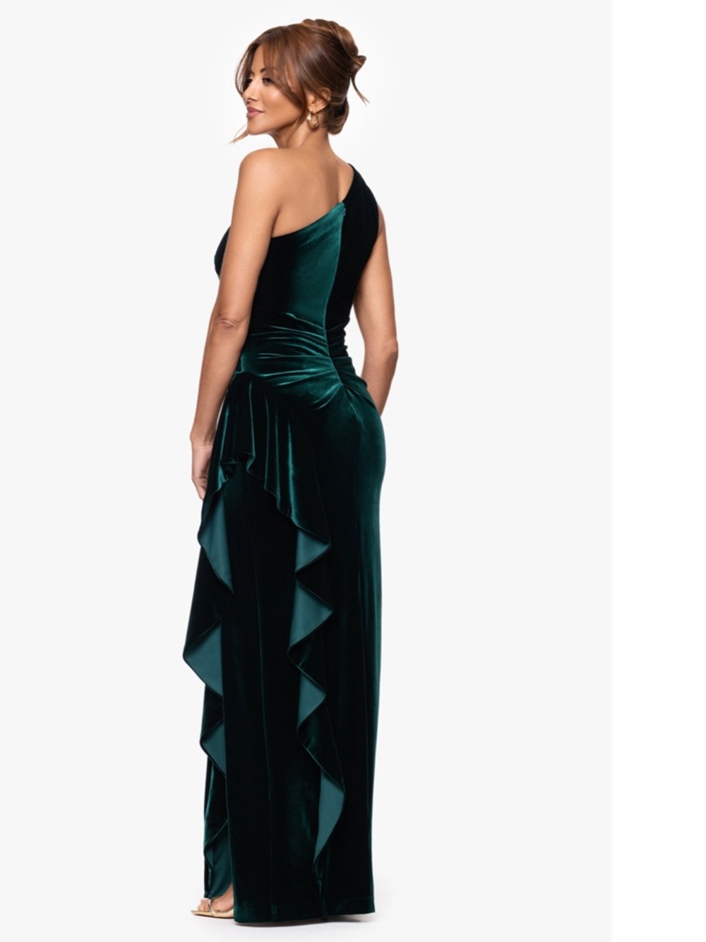 NEW XSCAPE Hunter Green ONE SHOULDER Ruched RUFFLE SIDE Stretch VELVET GOWN 6 - Picture 12 of 12